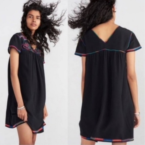 NWT Madewell Silk Embroidered Colorful Stitch Cap Sleeve Mini Dress Black - M - Picture 9 of 9